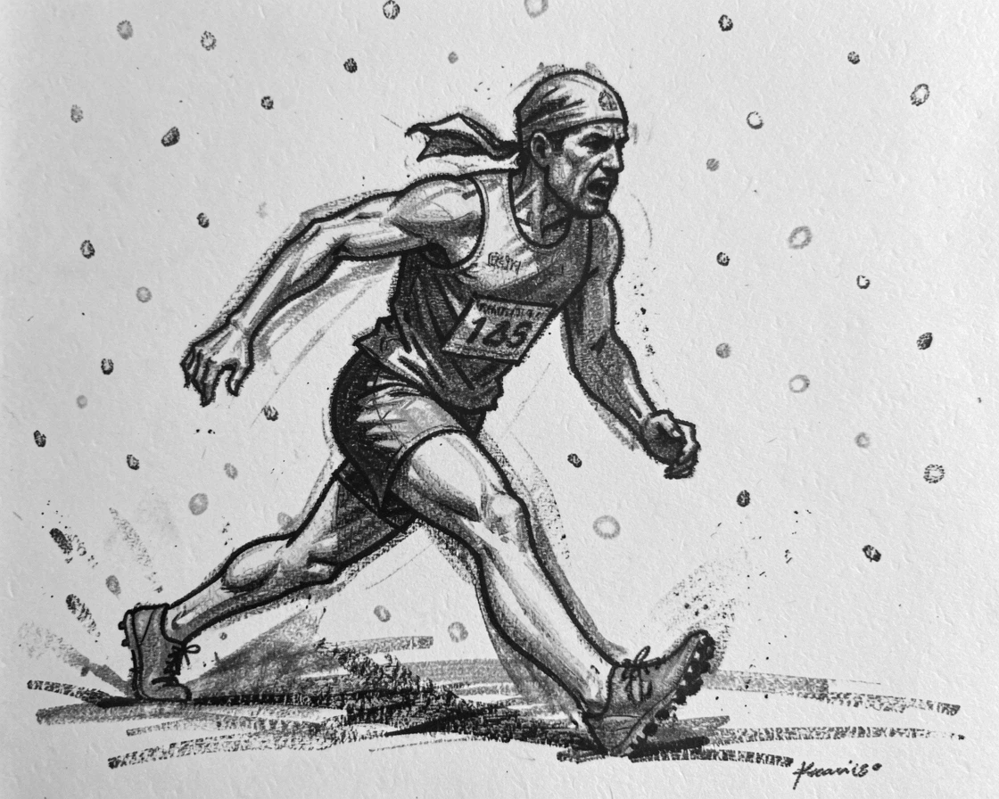 An athlete overcoming a fall to rise and finish the race, under a soft blanket of falling snow.