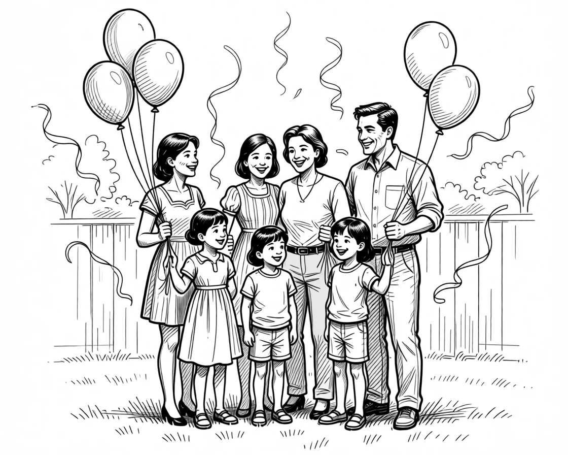 A joyful family celebration with balloons and streamers filling a backyard.