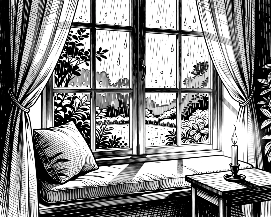 A window seat overlooking a rain-streaked garden as morning light filters through gauzy curtains, with a candle flickering steadily nearby, evoking a deeply peaceful sense of calm.