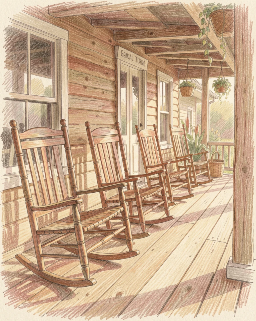 A rustic general store porch lined with rocking chairs, with soft, natural light bringing warmth to every detail, designed to feel inviting, memorable, and shareable.