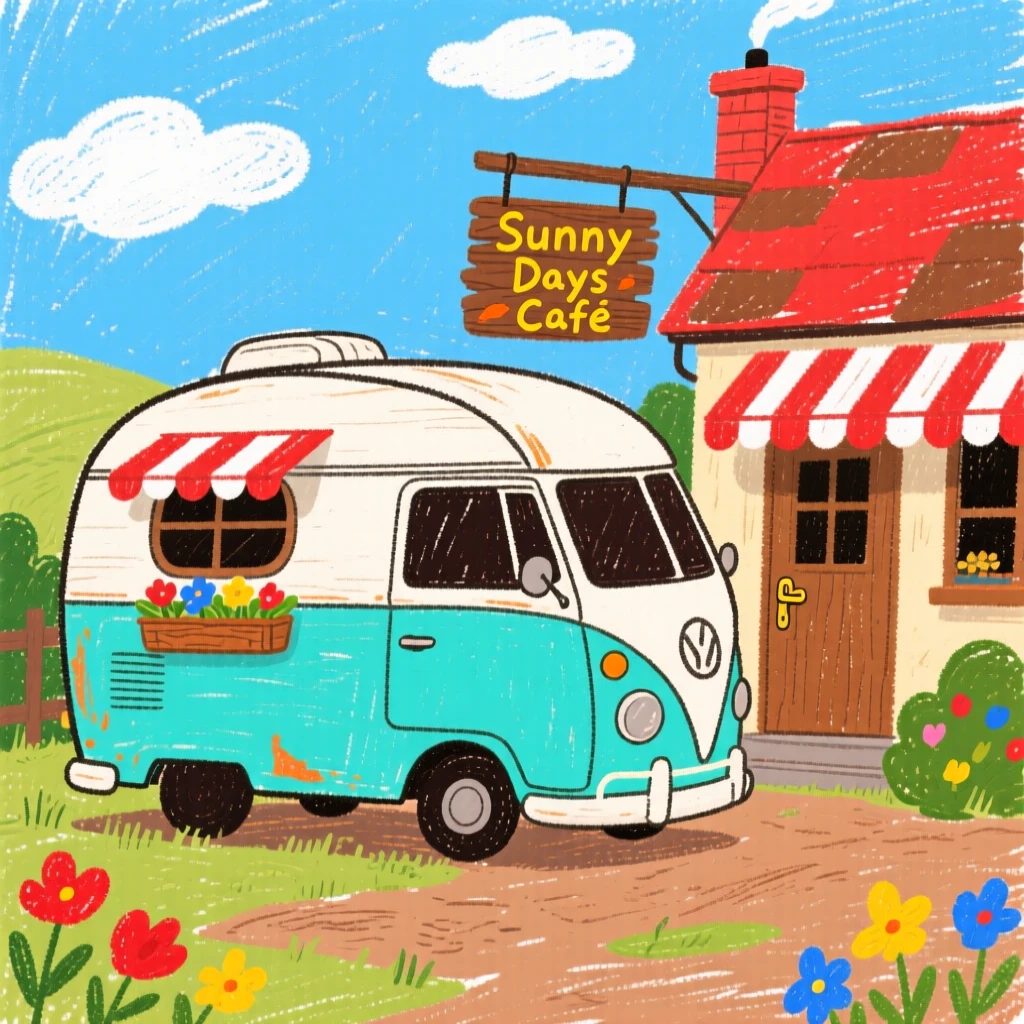 A vintage camper van parked outside a cozy countryside cafe.