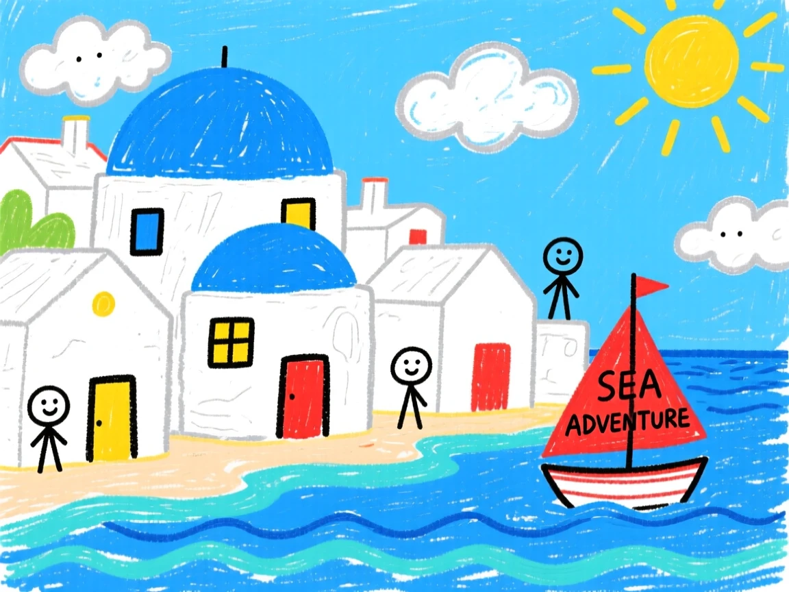 A Greek island village with white houses and blue domed rooftops overlooking the sea.