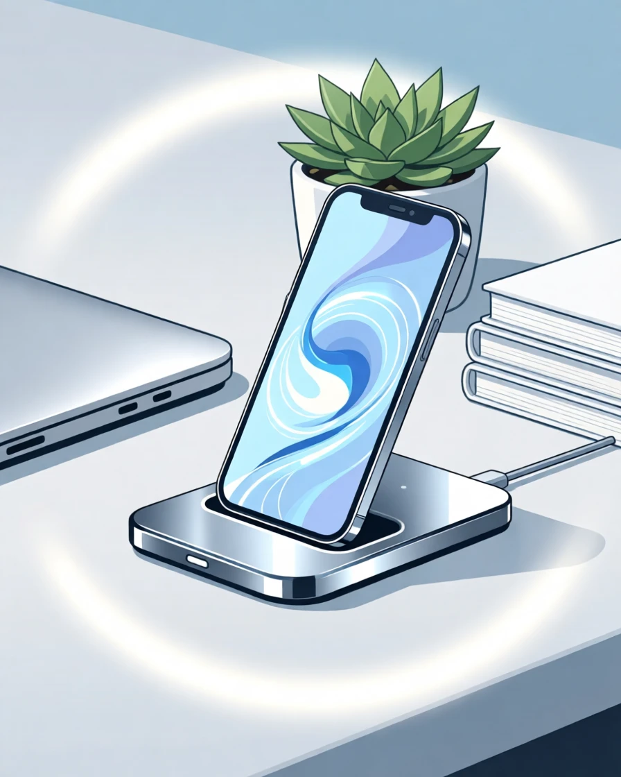 A wireless charging pad with a smartphone lit up softly, set within a calm, organized workspace, framed with soft glowing light highlighting key details, with sleek metallic textures catching soft light.