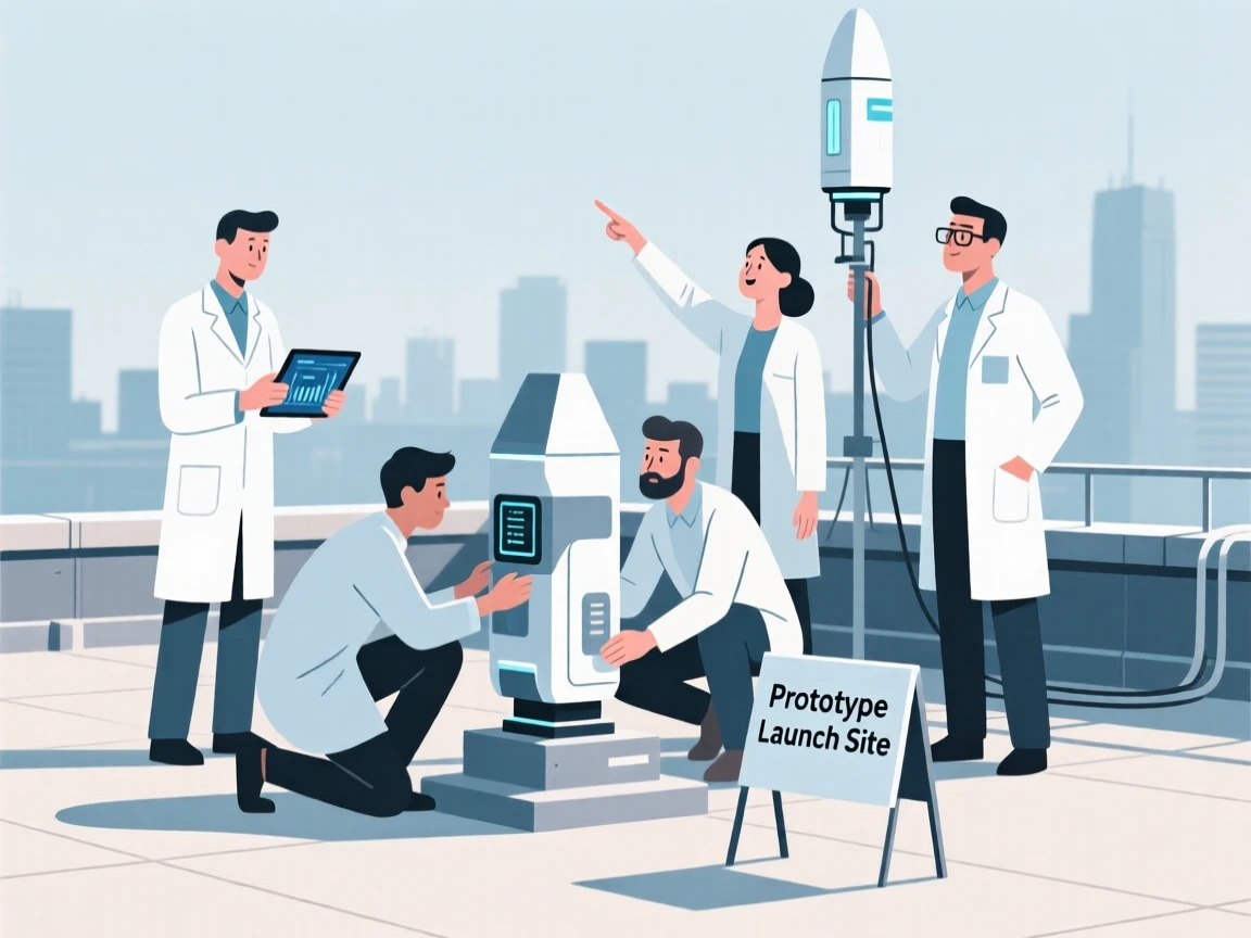 A team of scientists launching a prototype in a rooftop testing site.