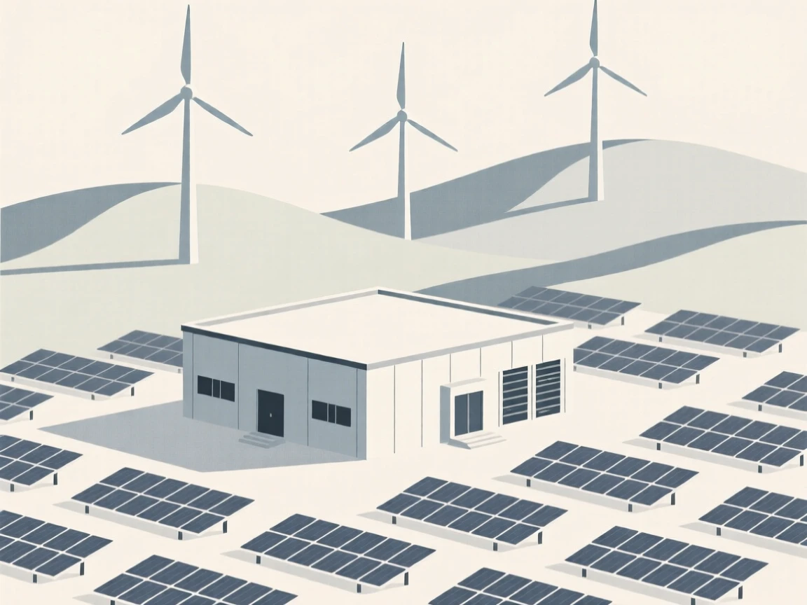 A sleek wind farm on rolling hills placed in a quiet data center, surrounded by rows of solar cells, conveying calm technological harmony.