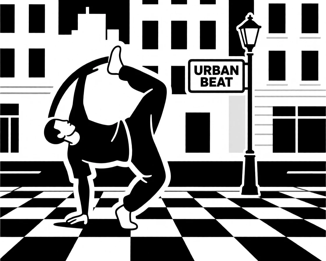 A breakdancer spinning on a city sidewalk.