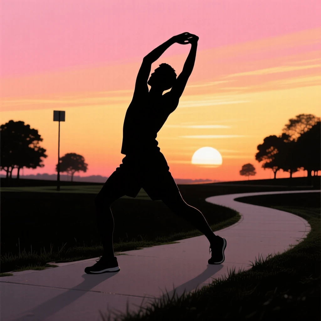 A jogger stretching at the edge of a park as the sun rises.