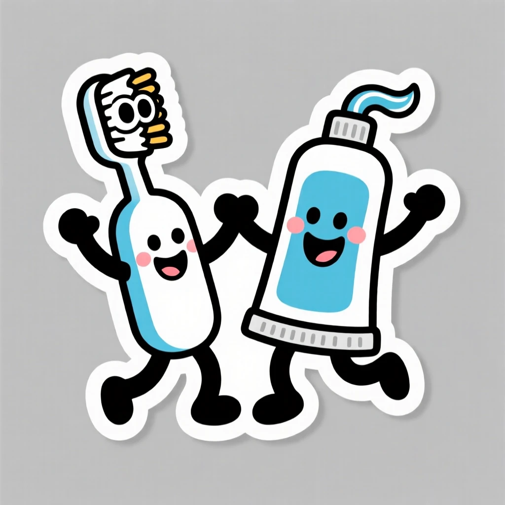 A playfully educational cartoon toothbrush and toothpaste dancing together, with cheerful expressive eyes, ideal for early childhood learning.