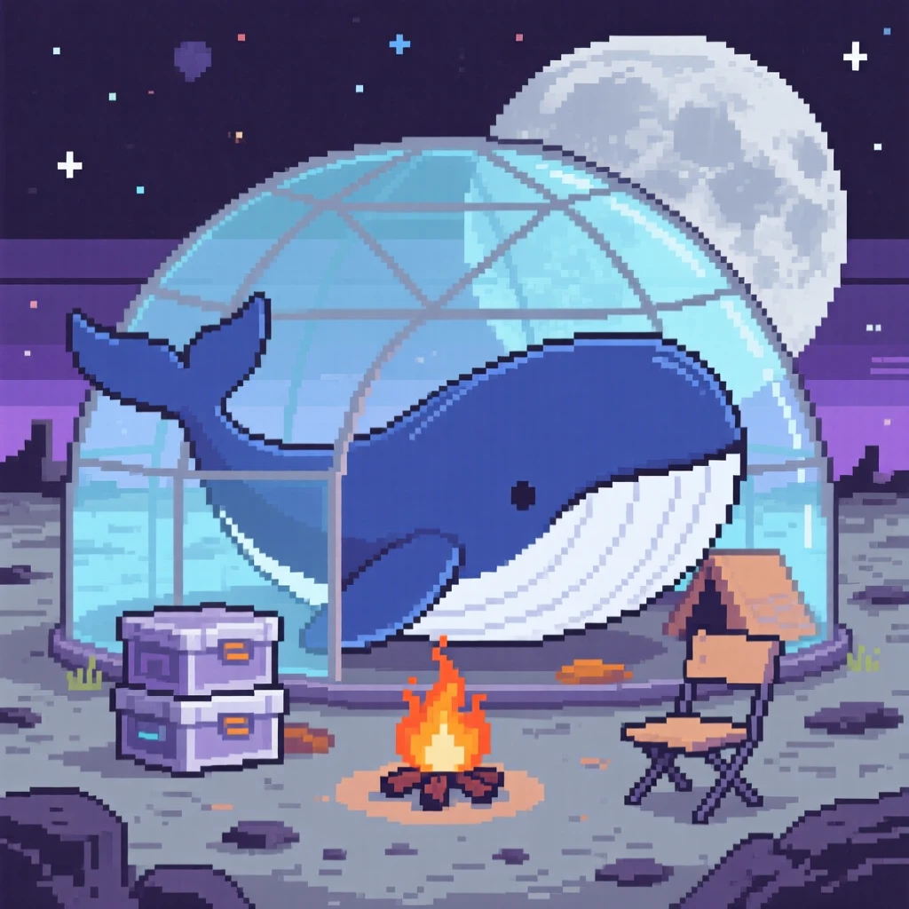 A spaceship shaped like a whale setting up camp on a quiet alien moon, within a greenhouse dome on the moon.