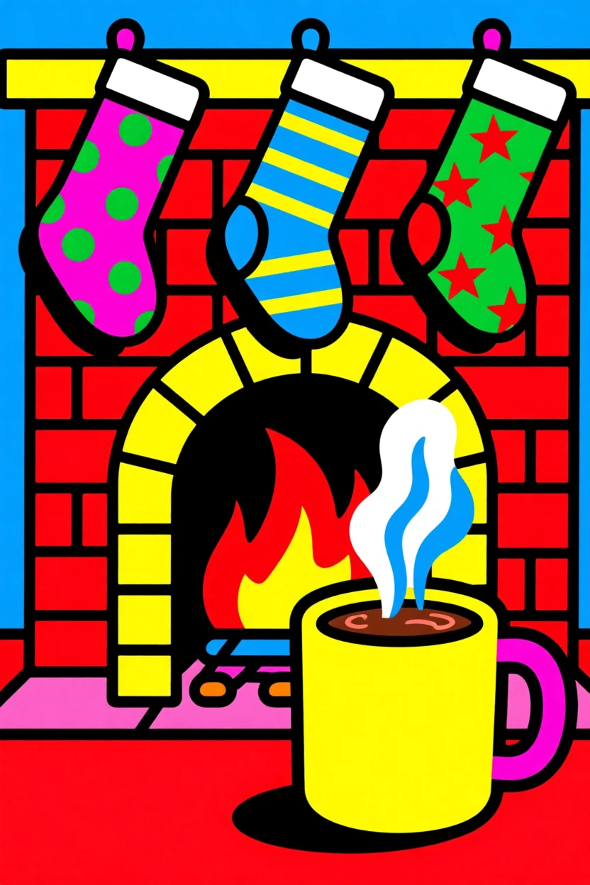 Cozy fireplace with stockings and a mug of cocoa