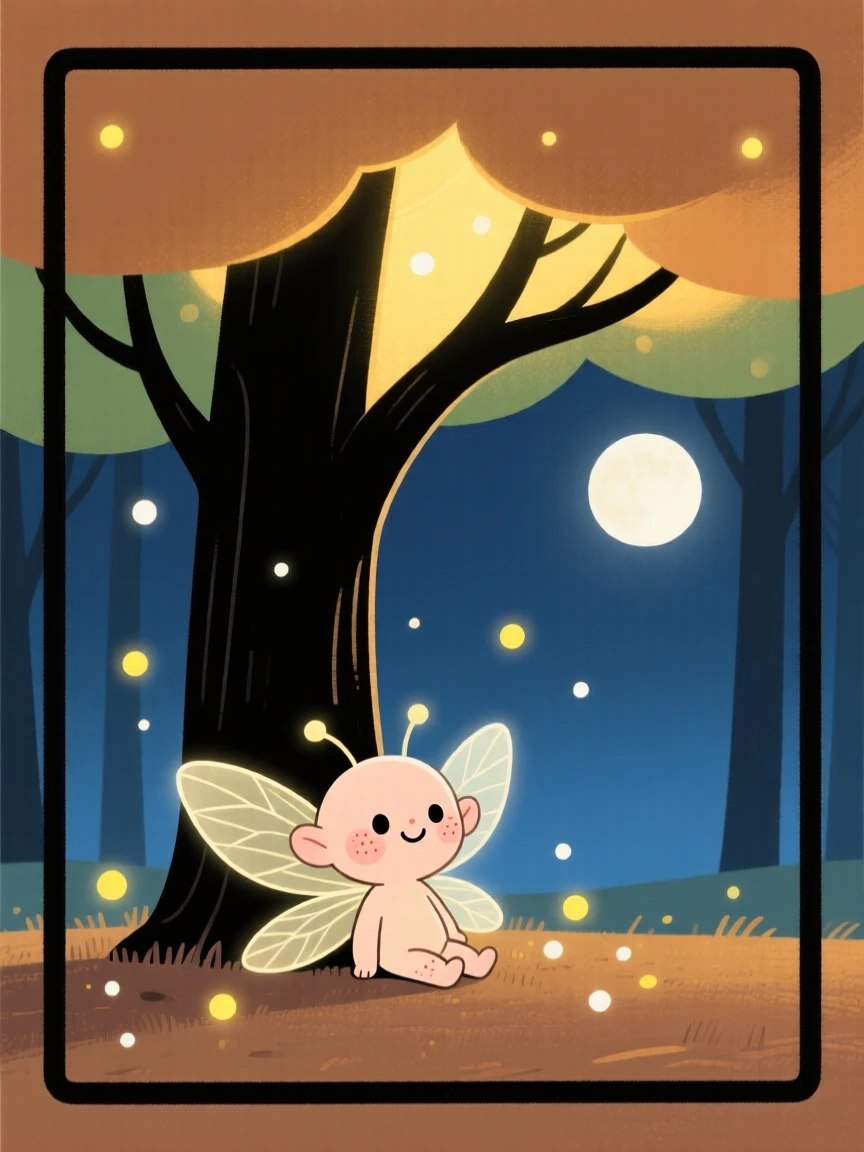 A tiny winged sprite rests beneath a glowing tree in an moonlit clearing, surrounded by drifting motes of light that drifts gently through the air.