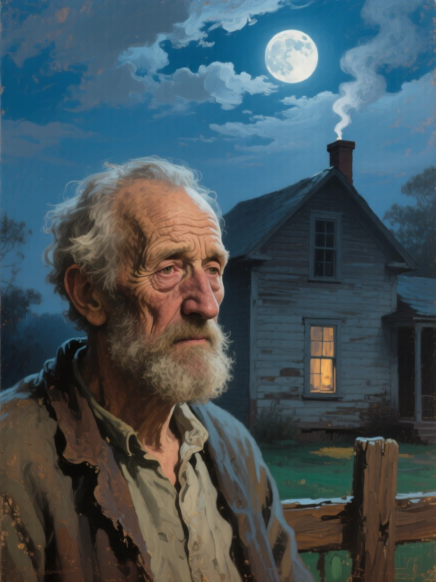 A tightly framed close-up of an old man revisiting his childhood home after decades away, under a full moon, beneath drifting clouds.