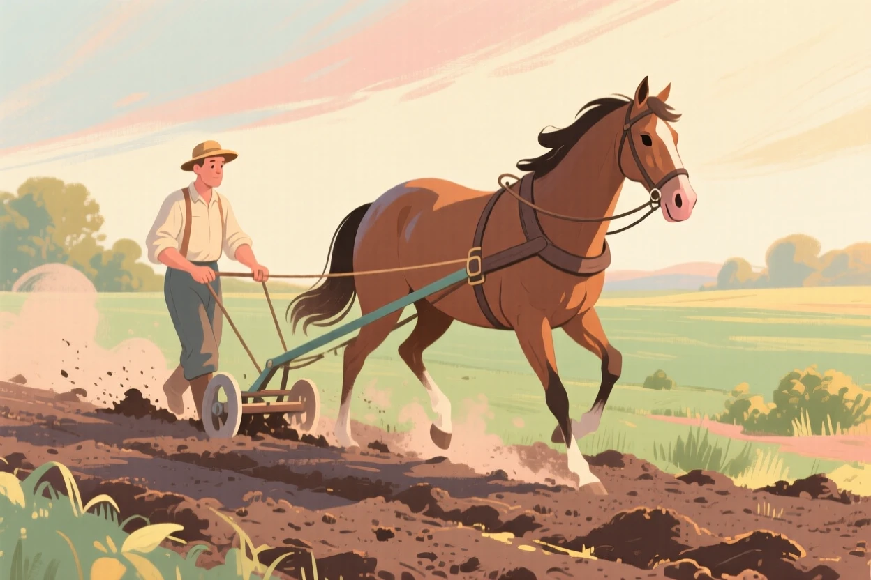 A farmer guiding a horse-drawn plow through freshly turned soil