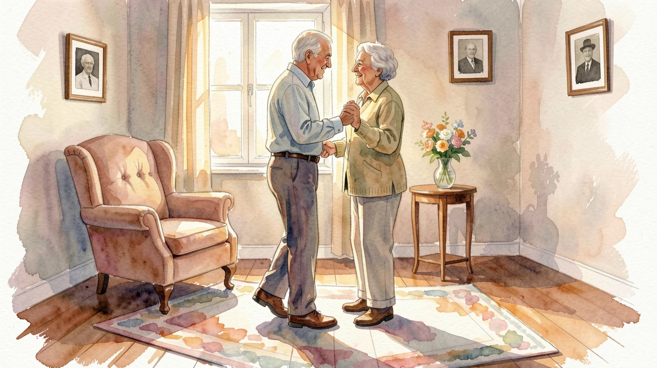 Grandparents dancing together in their living room in a moment of quiet togetherness.