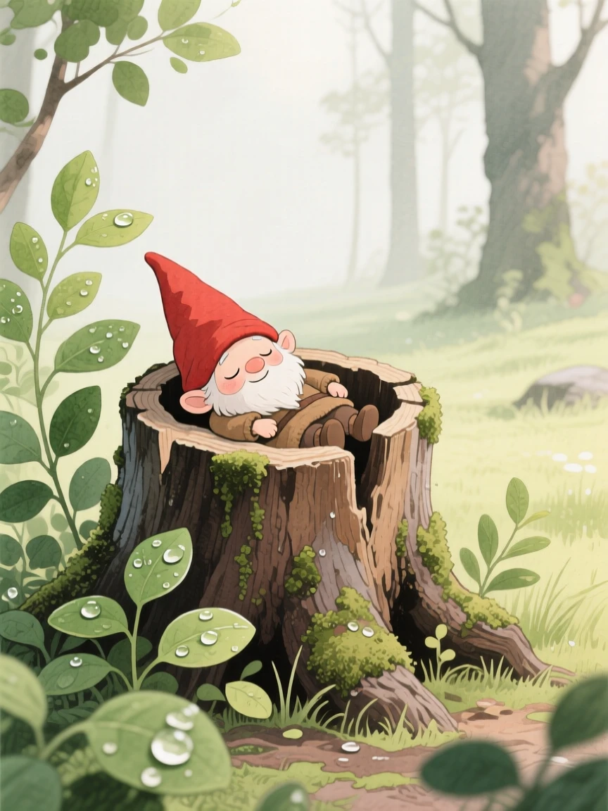 A tiny tiny gnome naps inside a hollow tree stump in a hidden forest glade, while dew glistens on every leaf