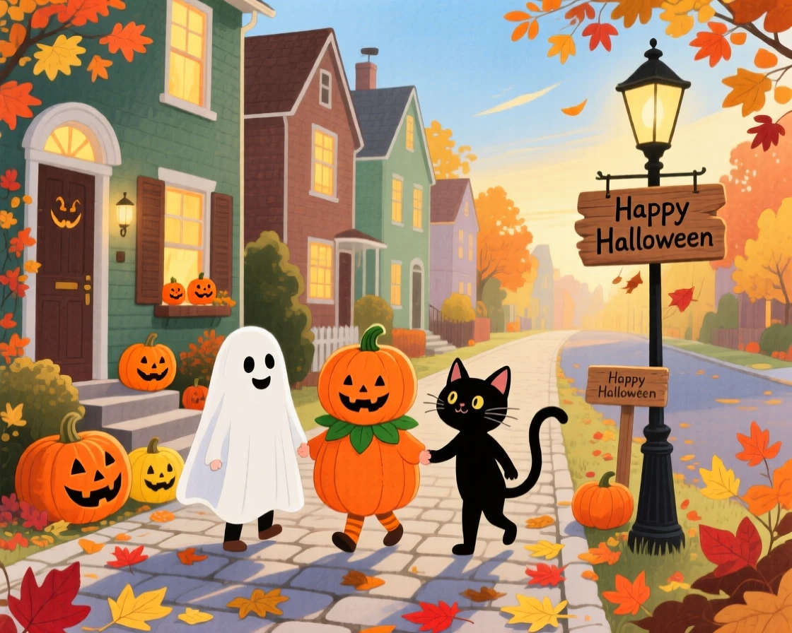Children in costumes trick-or-treating along a autumn street, filled with seasonal charm.