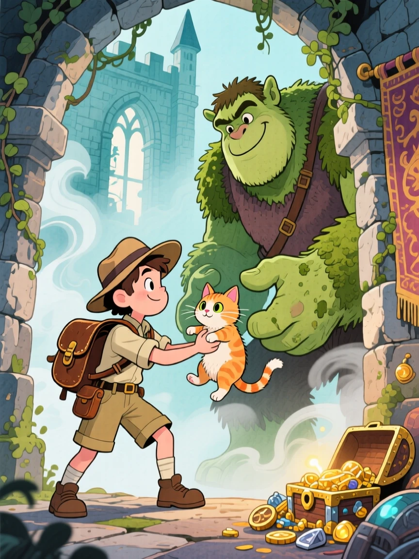 A treasure-hunting explorer battling gently with a friendly giant for a lost kitten, in an ancient castle wrapped in mist, sparking childlike imagination and awe.