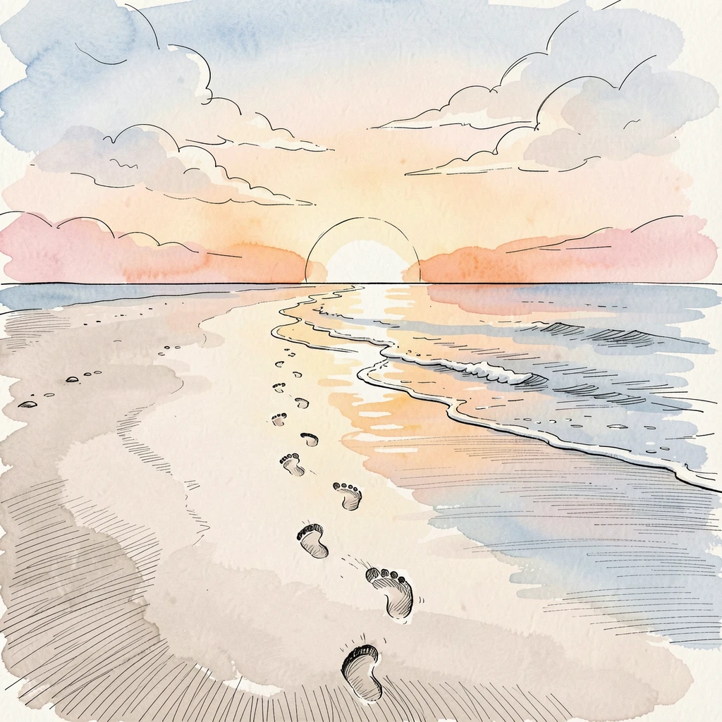 A trail of footprints leading toward a glowing sunrise on an empty beach, the moment simple, sincere, and quietly powerful.