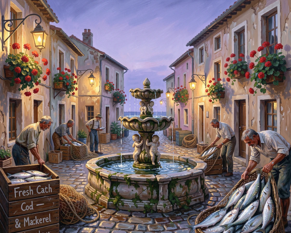 Under soft evening light with lanterns beginning to glow, a cobblestone village square with a central fountain, with window boxes overflowing with red geraniums, fishermen unloading their catch at the harbor.