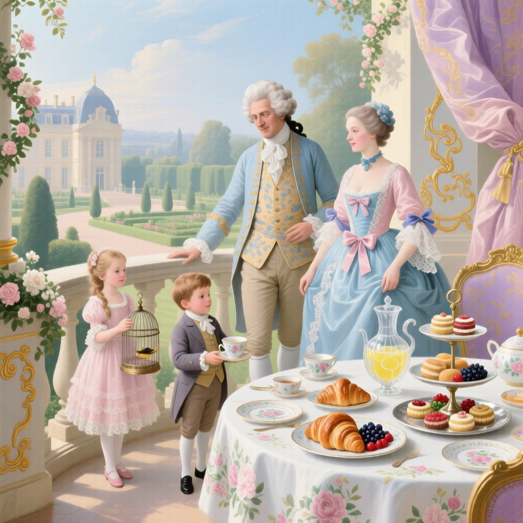 A family sharing breakfast on a balcony above the palace gardens  