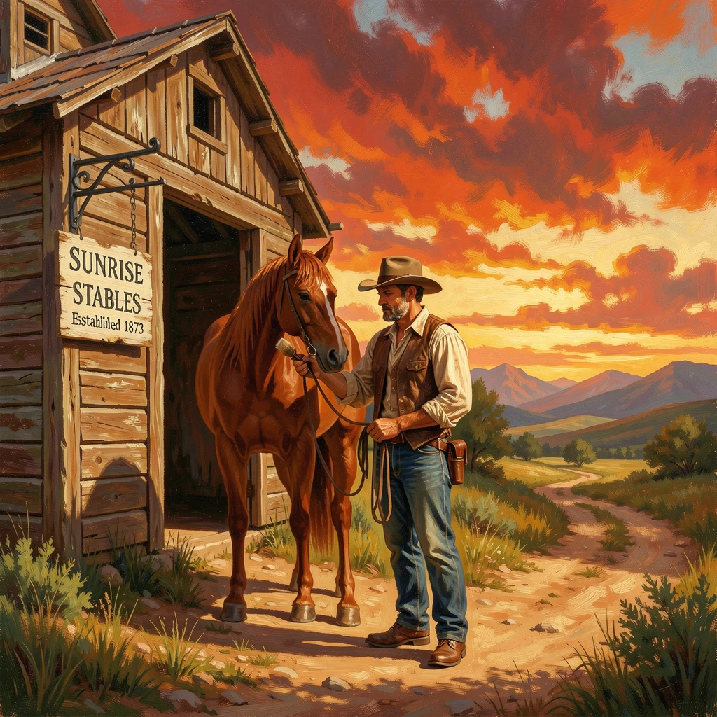A cowboy is groomed beside a sunlit stable at morning beneath a fiery evening sky.