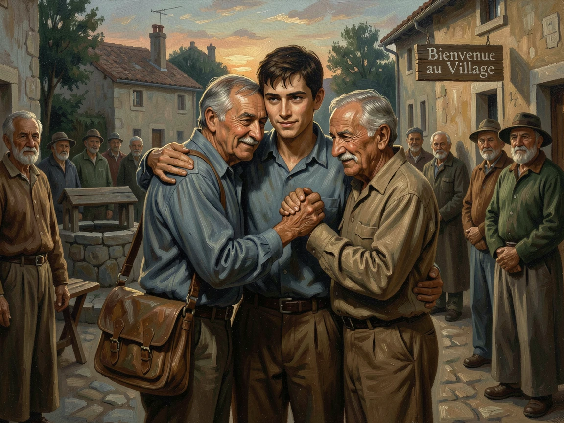 A young man returning to his hometown after years away, embraced by old friends, with hands clasped tightly, conveying connection and support, designed to inspire and uplift anyone who views it