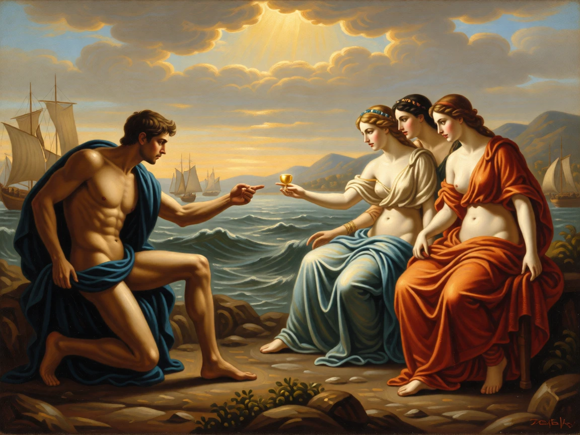 The Trojan prince Paris awarding the golden apple to the fairest goddess as golden light breaks through the clouds above, set beside the rushing waters of a mythic river, with distant ships and mountains fading into a golden haze; sweeping drapery and gesture guide the eye across the whole scene, capturing the timeless clash of glory and mortality.
