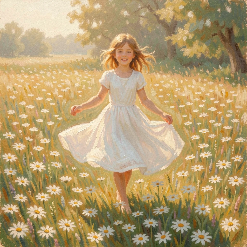 A young girl twirling in a field of daisies, her white dress billowing in the summer breeze, during the height of summer, conveying a feeling of romance and tranquility.