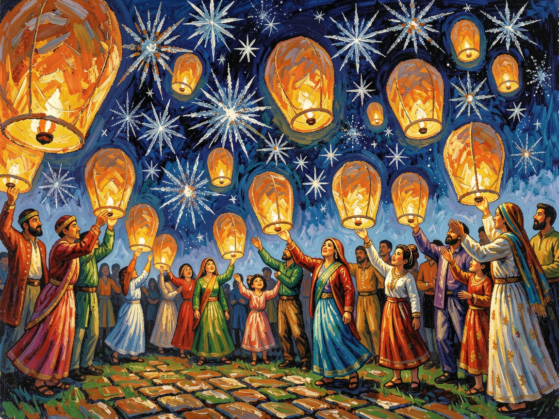 A festival of floating lanterns released into a sky filled with wishing stars.