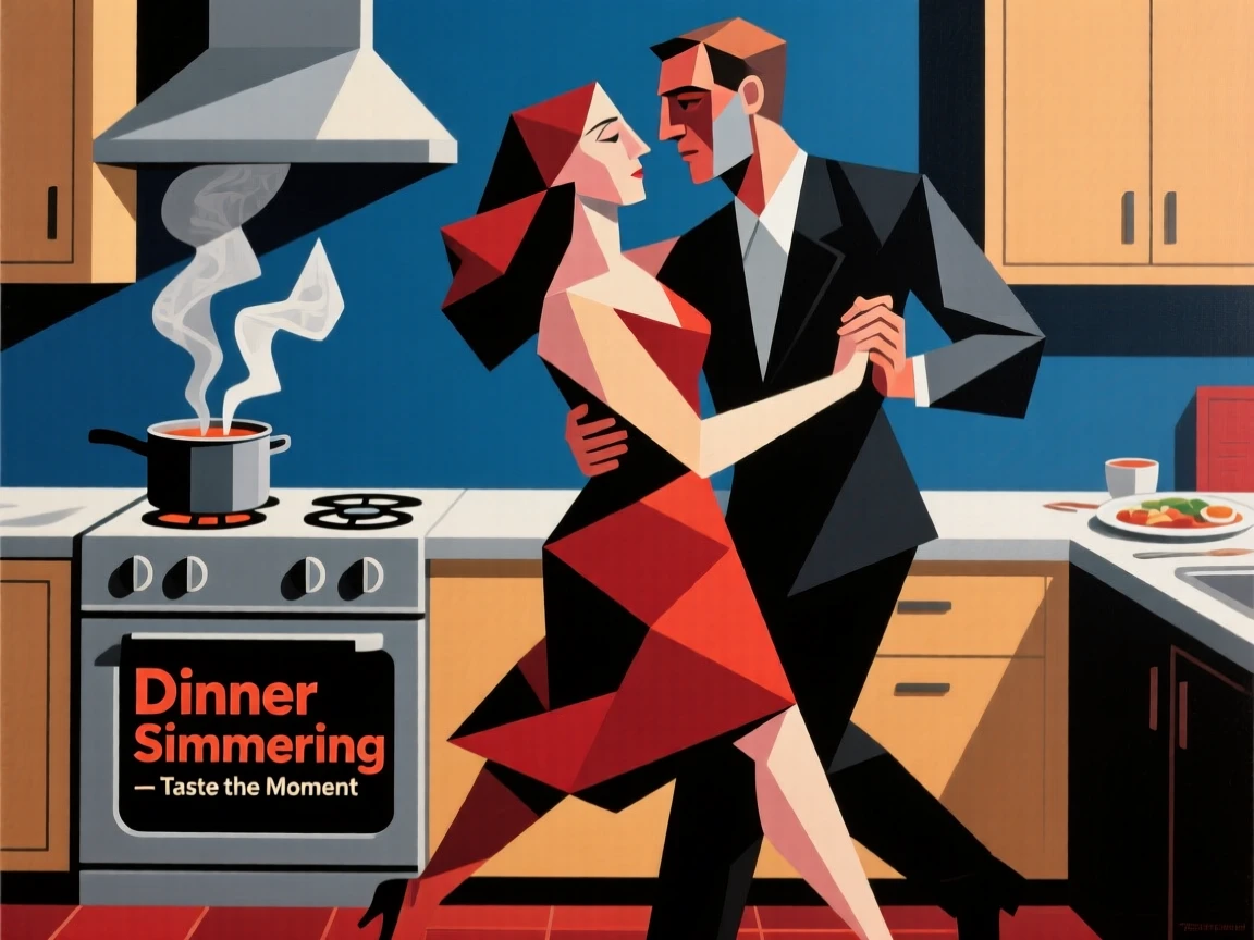 A couple slow dancing in the kitchen while dinner simmers on the stove.