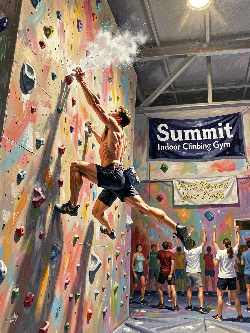 A rock climber dynos toward a distant hold on an indoor climbing gym wall, chalk dust puffing from powerful fingertips, the atmosphere charged with music, movement, and a shared sense of celebration.