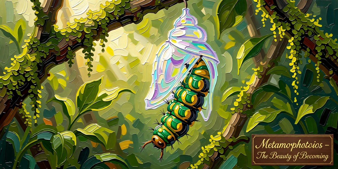 A caterpillar mid-transformation, half-emerged from a shimmering chrysalis