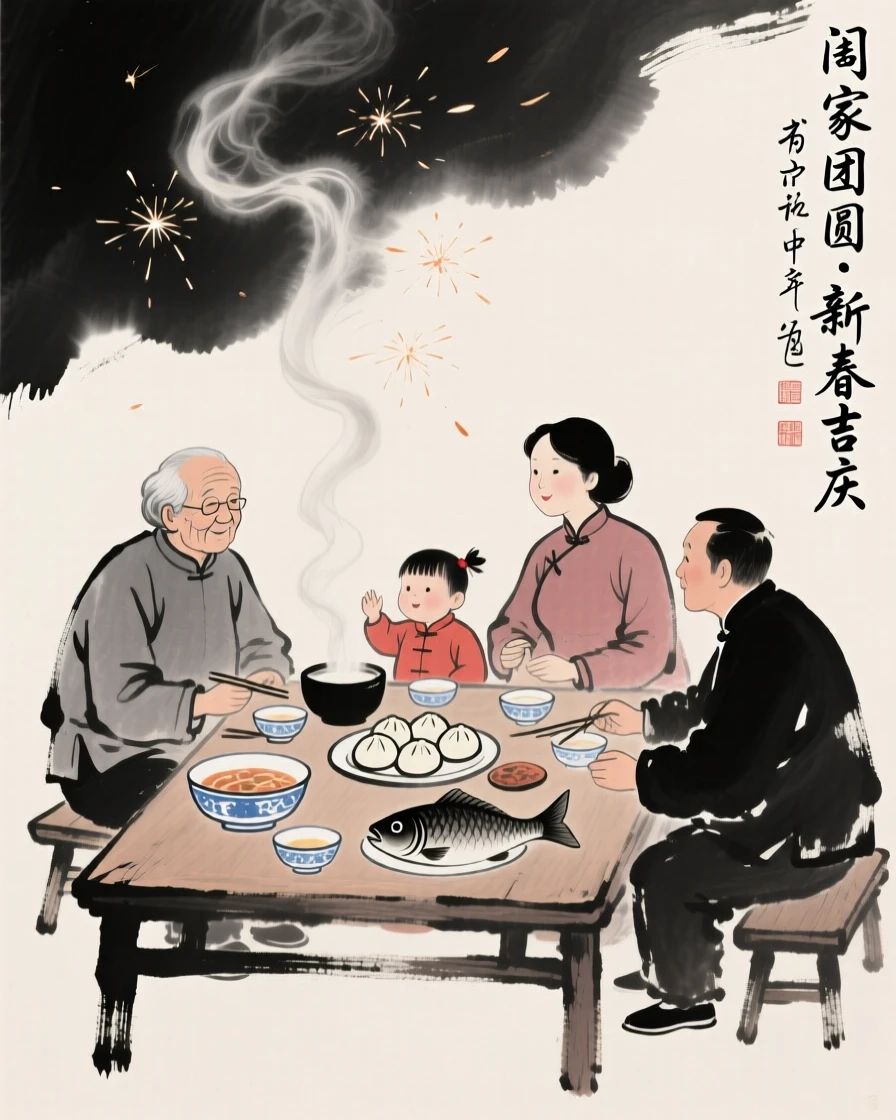 A family gathers around a table laden with food for a New Year feast, with smoke and sparks rising into the night air.