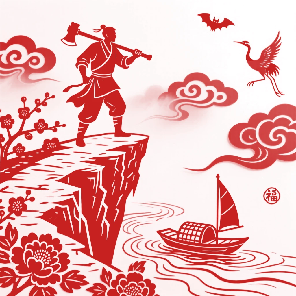 A composition of a woodcutter along a cliffside path above the clouds, a single boat drifting on the current far below.