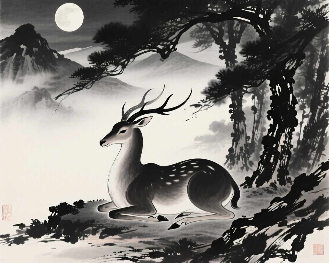 A mythical qilin resting in a moonlit grove above a mist-shrouded mountain range, composed with sweeping, dynamic movement across the frame, conveying graceful power and serene majesty.