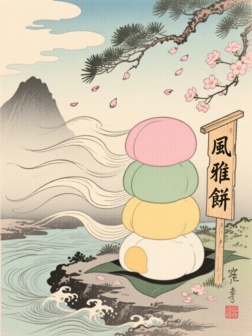 A stack of colorful mochi shaped into an elegant windswept form.