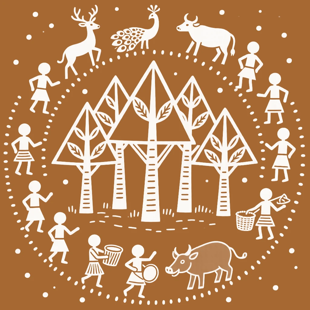 A composition centered on a sacred grove encircled by a procession of animals and villagers.