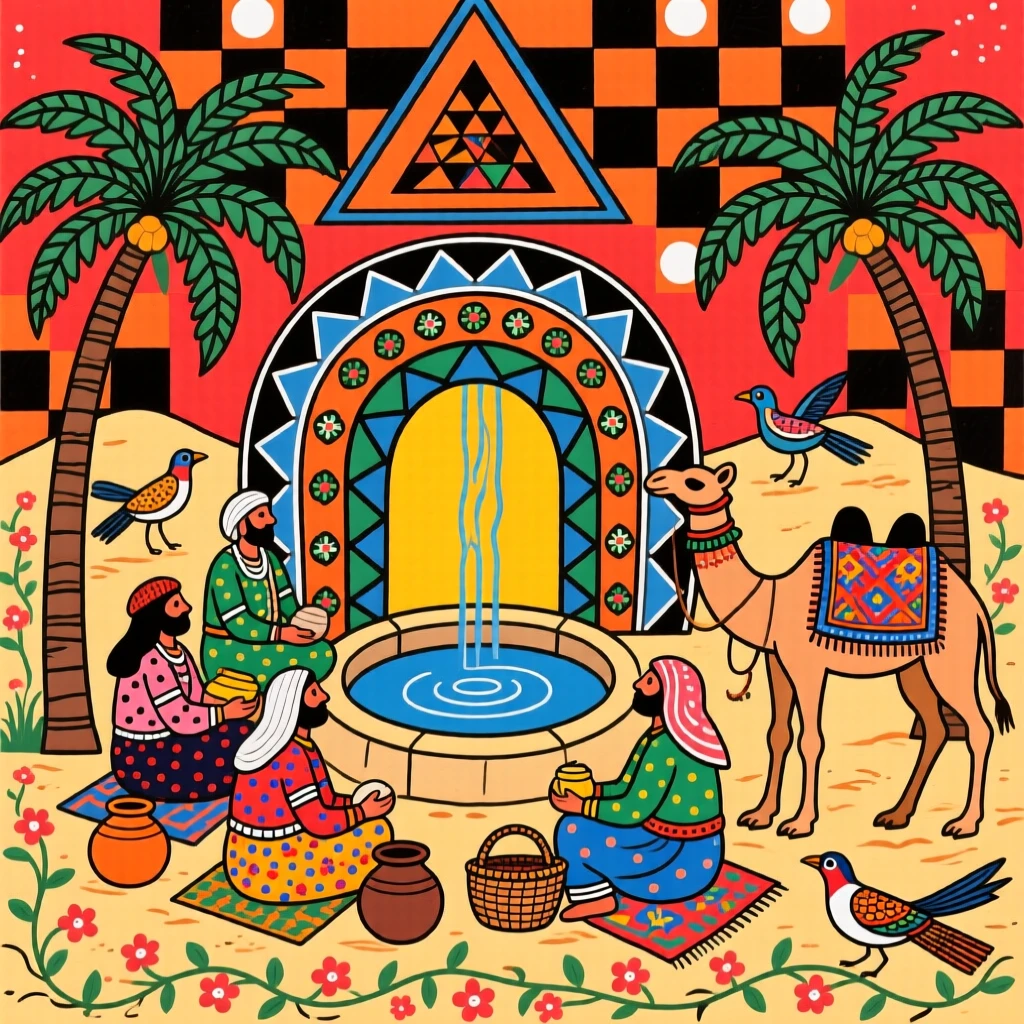 A caravan of merchants resting beneath palm trees at a desert well.