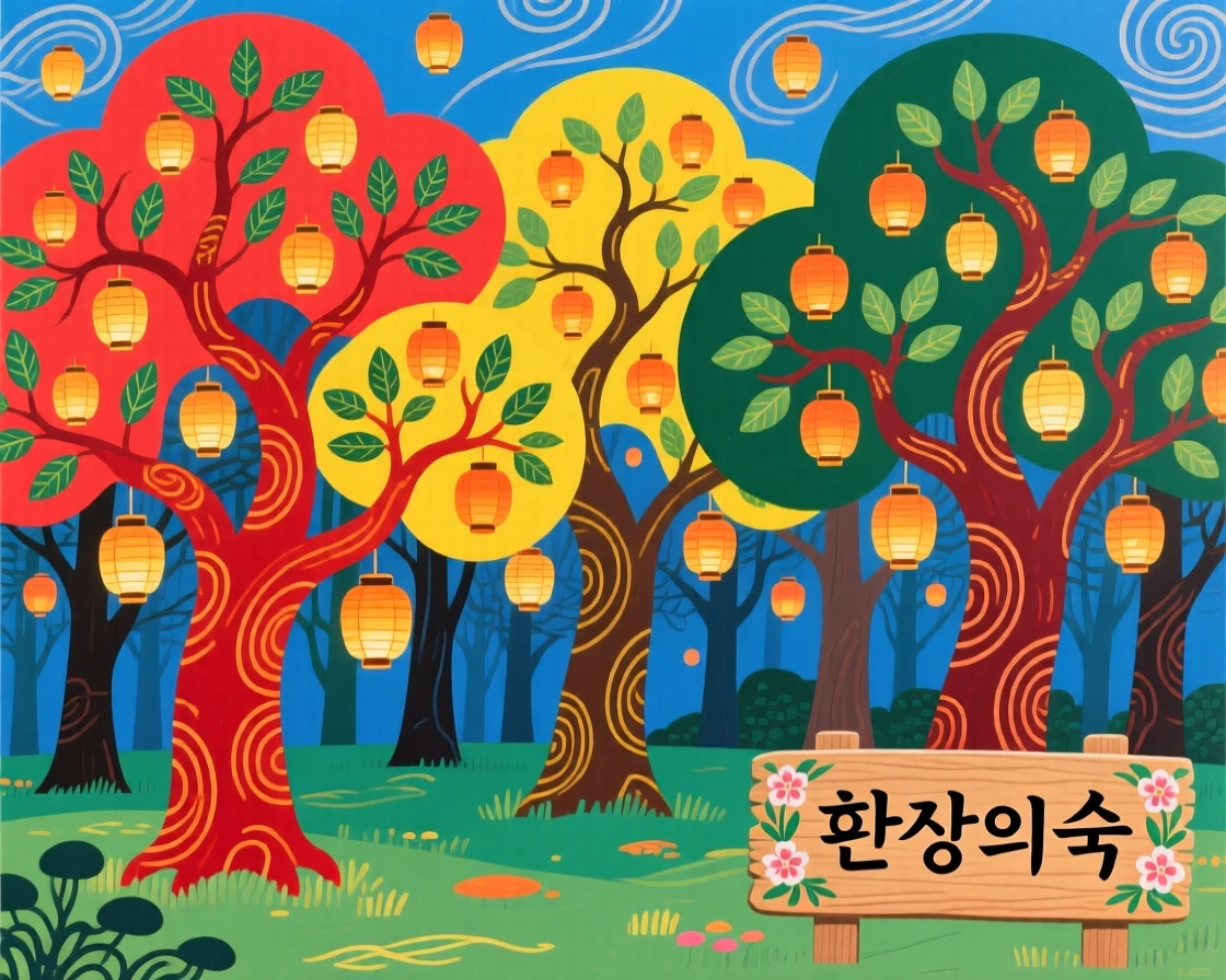 A magical forest where every tree is lit with tiny floating lanterns.