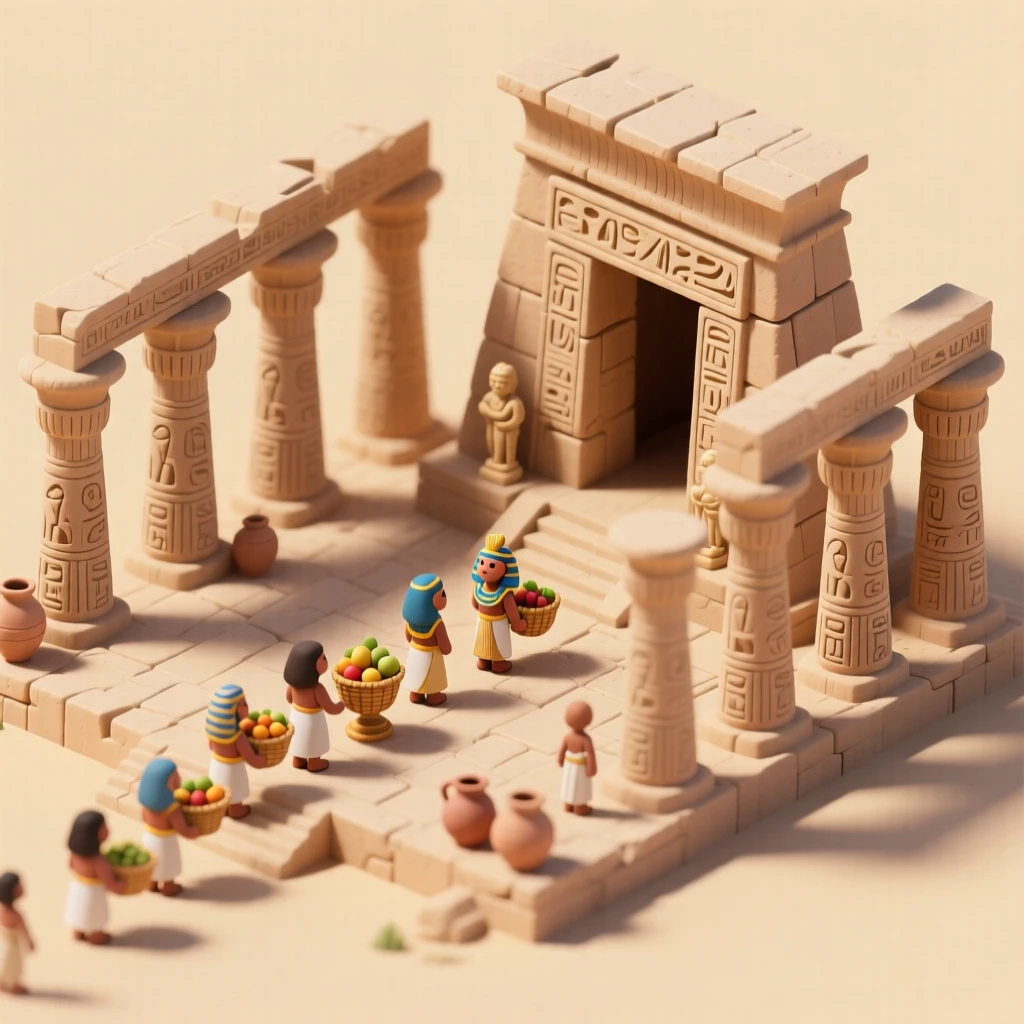 An ancient Egyptian temple complex with towering columns, hieroglyphs carved into sandstone, and a procession carrying offerings.