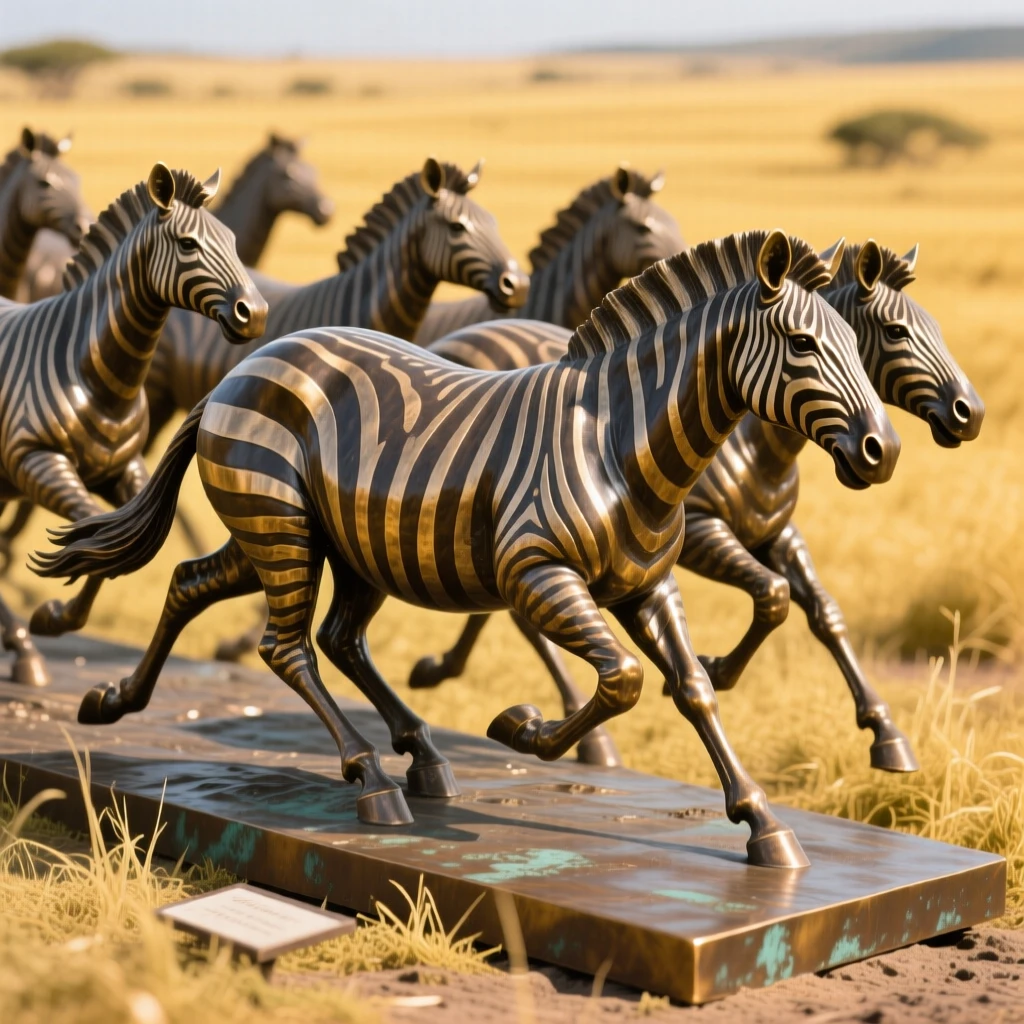 A herd of wild zebras thundering across golden plains, captured mid-motion with powerful grace, evoking wonder and majesty