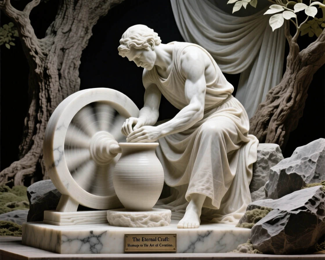 An evocative depiction of a potter shaping clay on a spinning wheel, framed by dramatic natural scenery, balancing detail with emotional depth