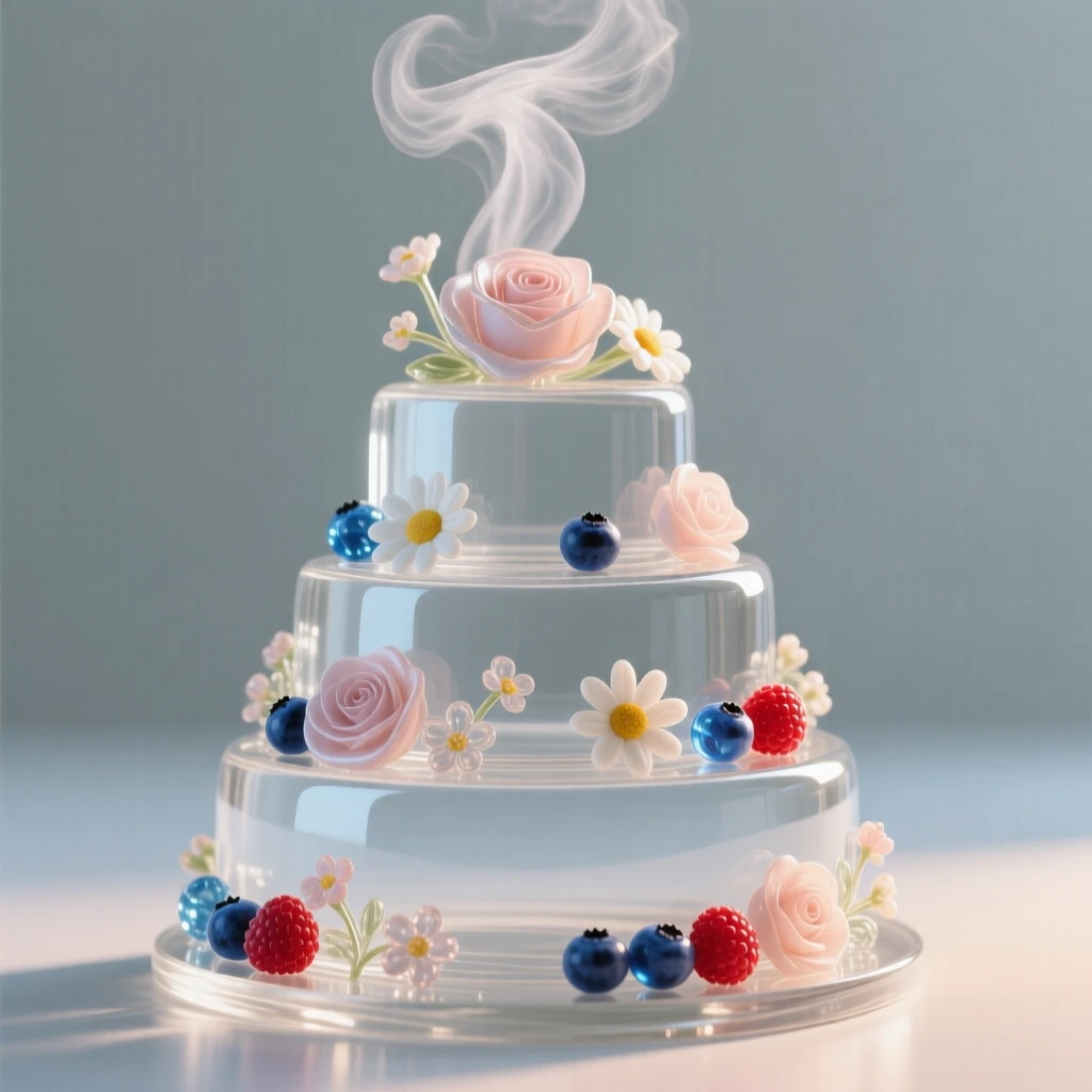 A tiered cake decorated with fresh flowers and berries, as steam rises gently into the morning air