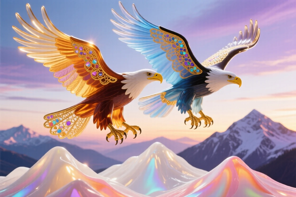 A pair of eagles soaring together above a mountain range glowing at the very first light, majestic and free.