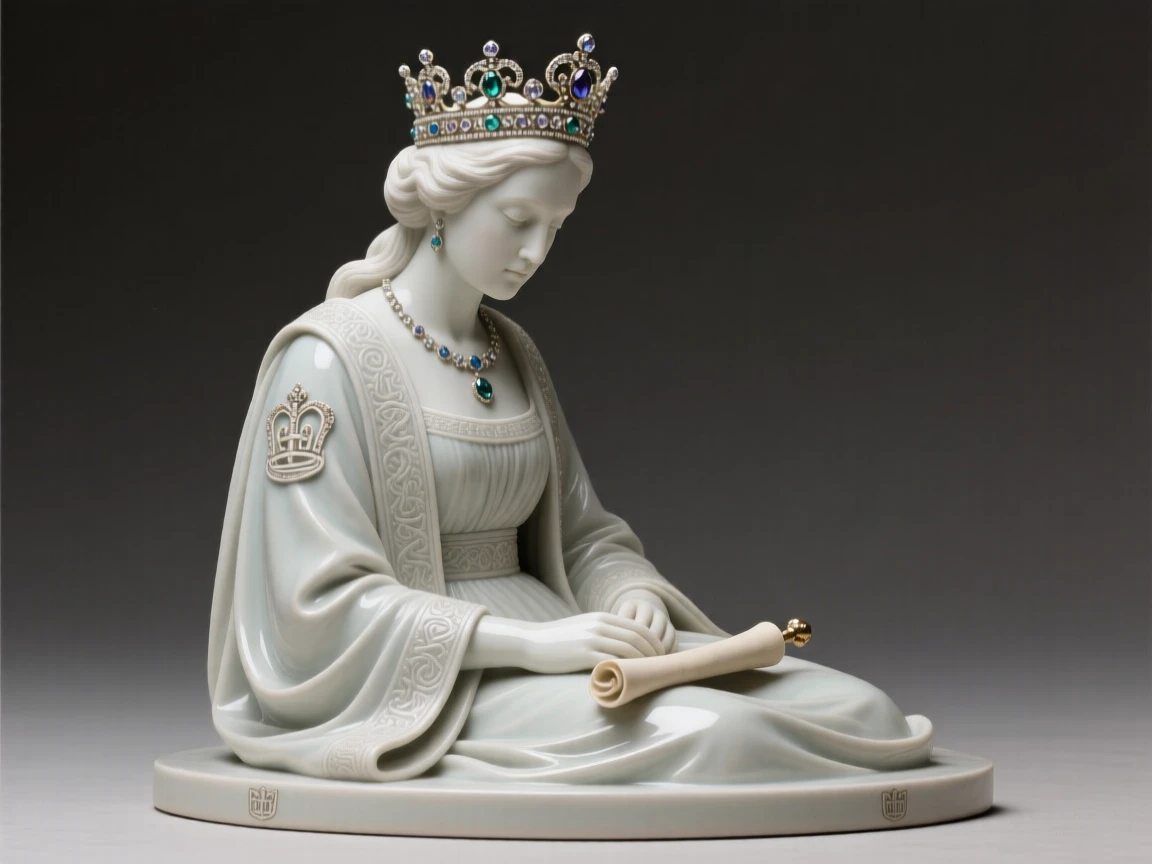 A queen crowned with a jeweled diadem seated in quiet, contemplative repose, bearing markings of rank and honor, stirring a sense of timeless heritage.