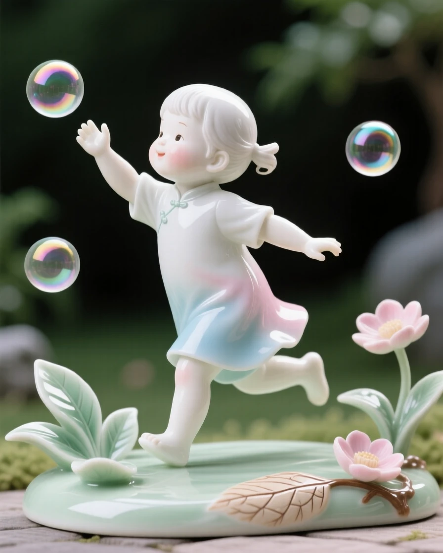 An everyday moment of quiet beauty: a child chasing bubbles in a garden, quiet, warm, and full of gentle charm.