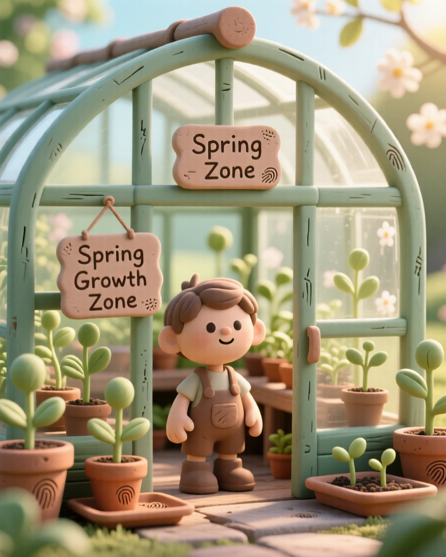 A springtime greenhouse bursting with seedlings and morning light