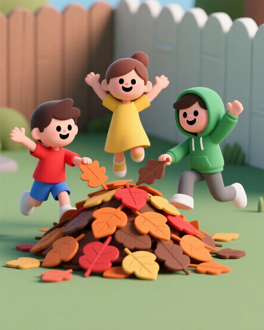 A joyful group of kids build a leaf pile together, then leap in with delighted shrieks of laughter.