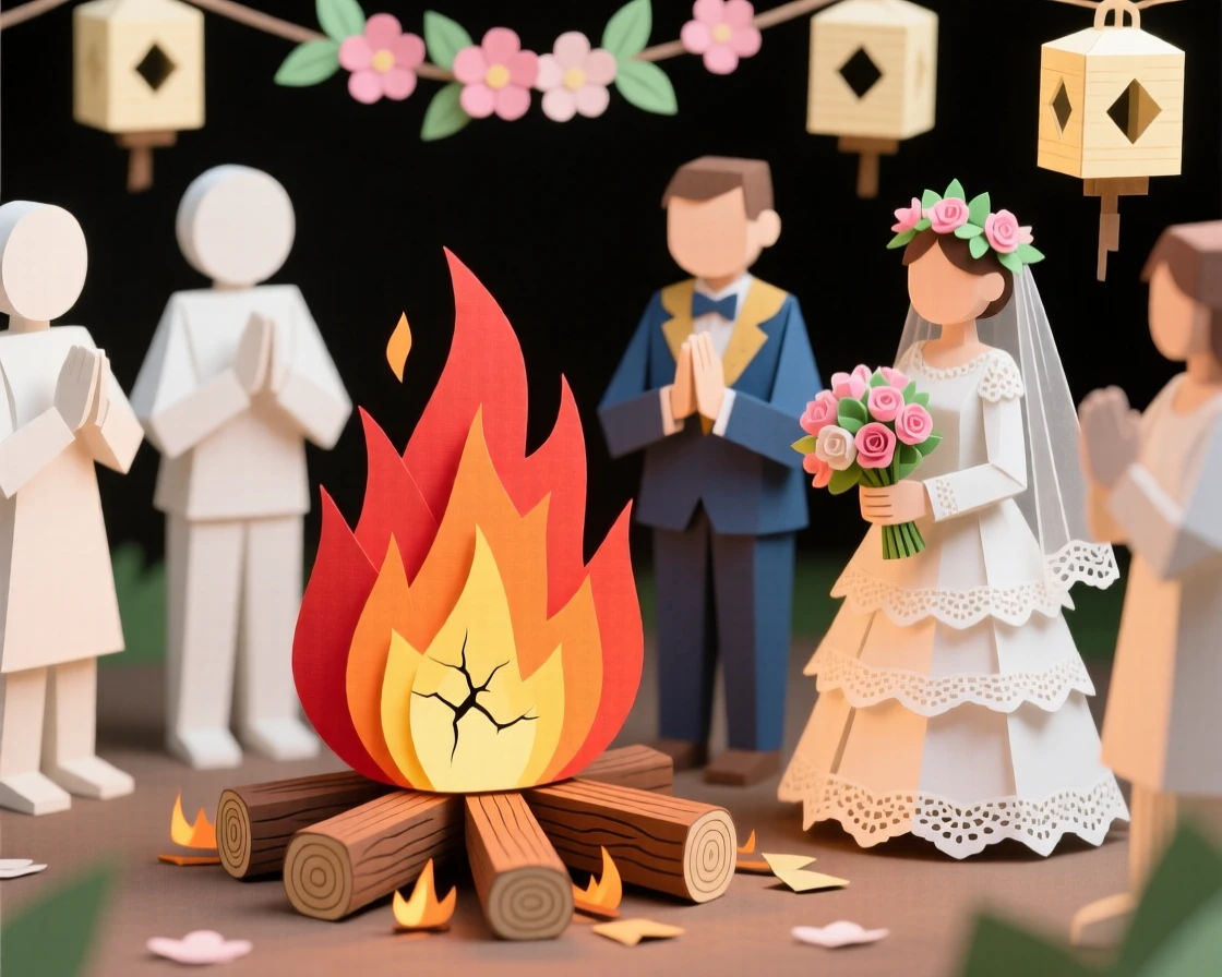 A joyous traditional wedding ceremony gathered around a crackling bonfire, with delicate details evident in every gesture, evoking timeless artistry and devotion.