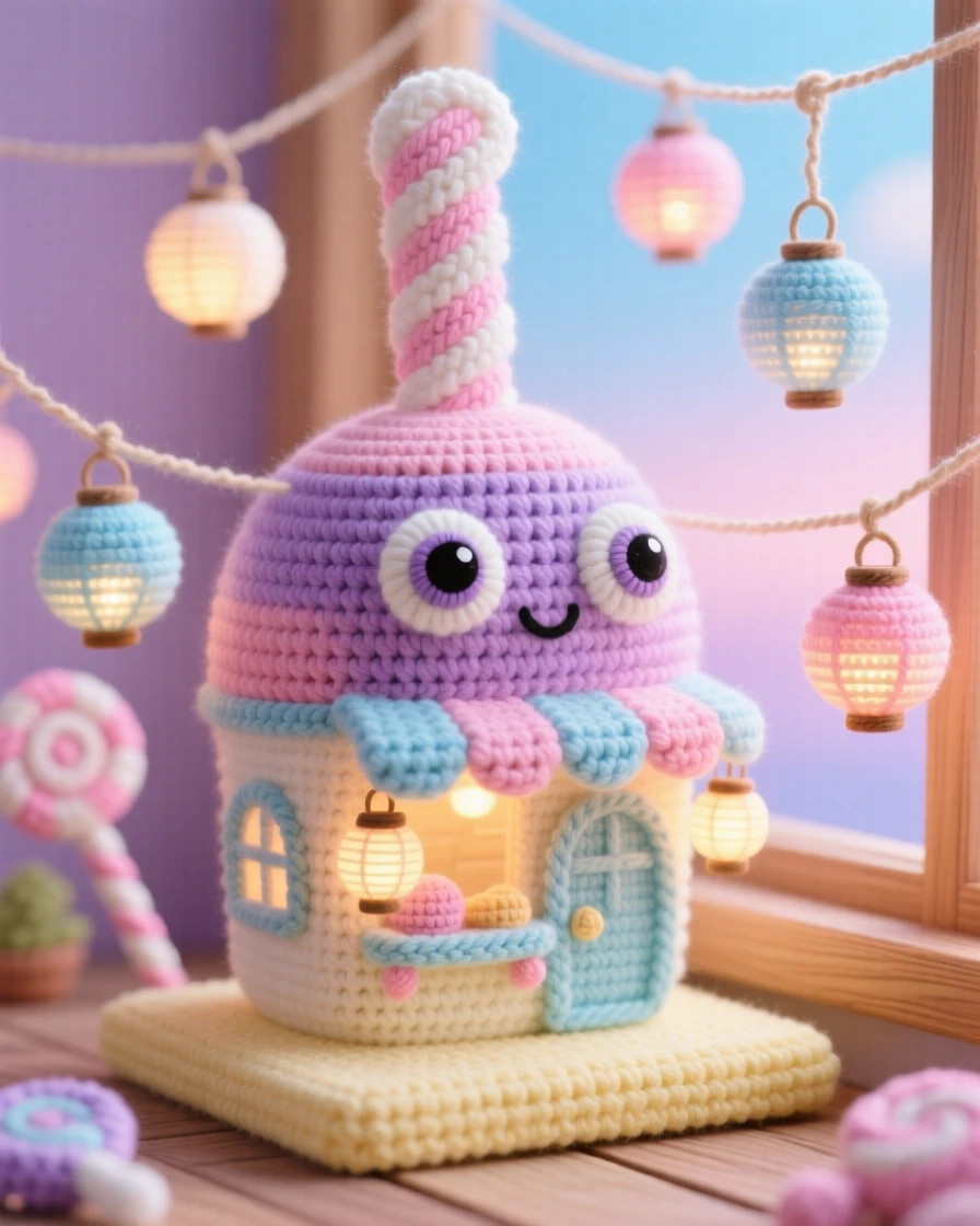 An imaginative scene of a small floating candy shop shaped like a gumdrop with a chimney of spun sugar, drifting above a pastel-colored sky resting on a warm sunlit windowsill; a cluster of miniature glowing lanterns nearby, full of a dreamlike, storybook charm.